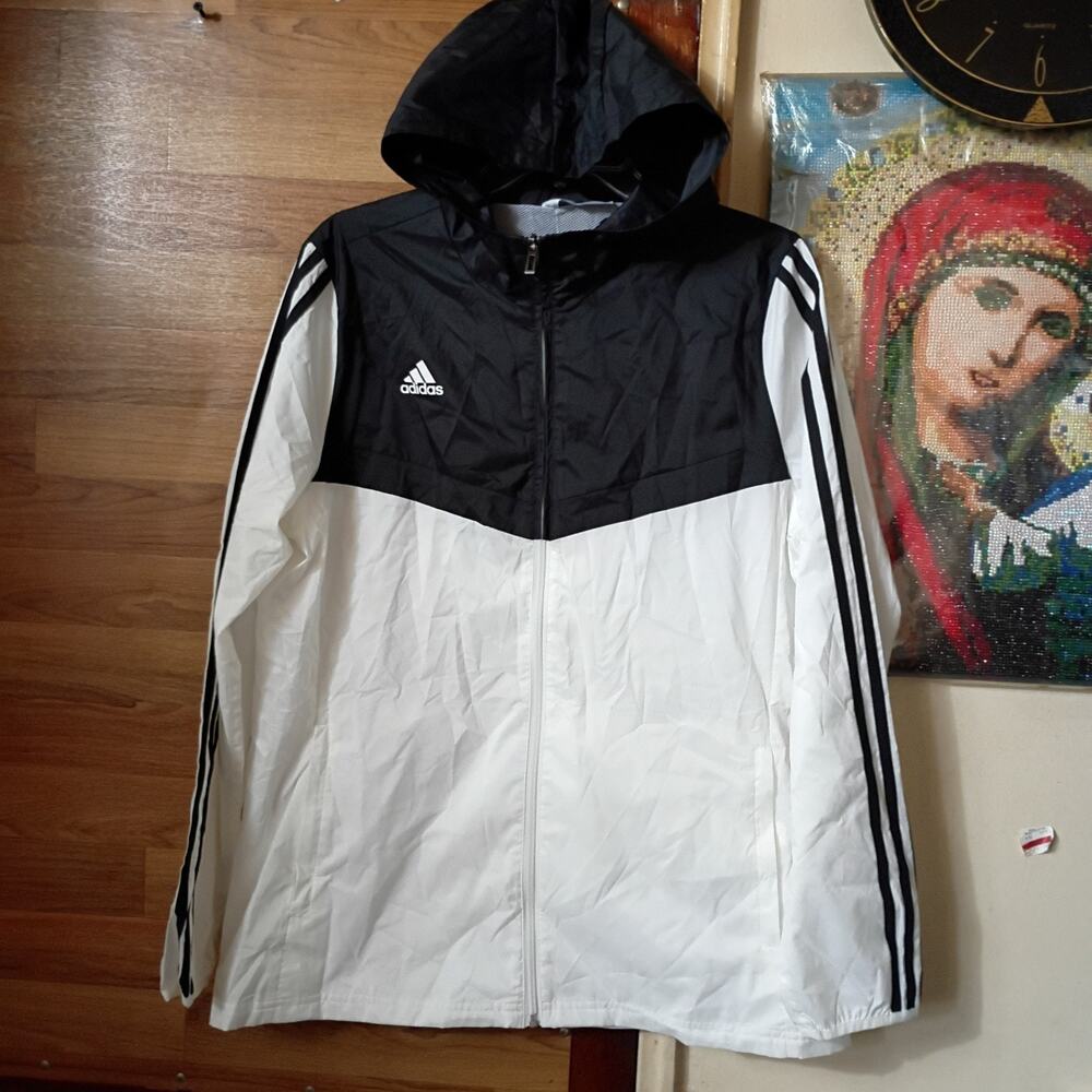 Adidas Tiro WB Stripe White and Black Full Zip Windbreaker Lightweight Jacket L